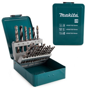 Makita D-47173 18 Piece Mixed Drill Bit Set Wood Metal Masonry - 4 5 6 7 8 10mm