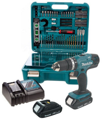 Makita DHP453 18v Lithium Combi Hammer Drill + 101 Piece Bit Set - 2 x Batteries