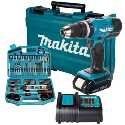 Makita DHP453 LXT 18v Lithium Combi Hammer Drill 1x Batt 100 Screwdriver Bit Set