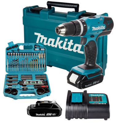 Makita DHP453 LXT 18v Lithium Combi Hammer Drill 2x Batt 100 Screwdriver Bit Set