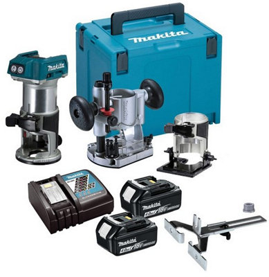 Makita DRT50RMJX2 18v Cordless Brushless Laminate Router Trimmer + Plunge Base +