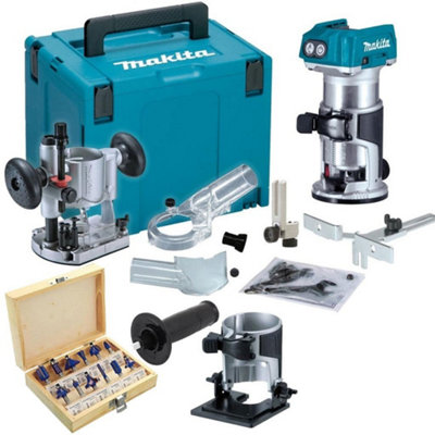 Makita DRT50ZJX2 18v Cordless Brushless Router Trimmer + Plunge Base + 12pc Set