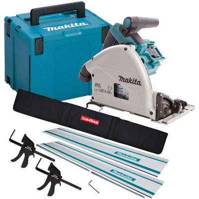 Makita DSP600ZJ 36V Brushless Plunge Saw + 2 x Guide Rail, Connector & Clamp Set