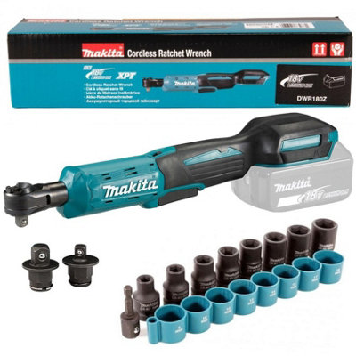 Makita DWR180Z 18v LXT Ratchet Wrench 1 4 Or 3 8 Square Drive 9Pc Socket Set
