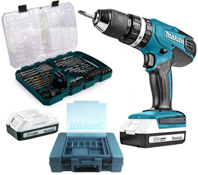 Makita HP457DWE 18v Lithium Combi Hammer Drill - Includes 74 Screwdriver Bit Set