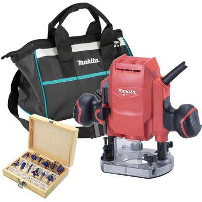 Makita M3601 240v Electric Plunge Router 900w 8mm 1/4" 3/8" + 12 Piece Set + Bag