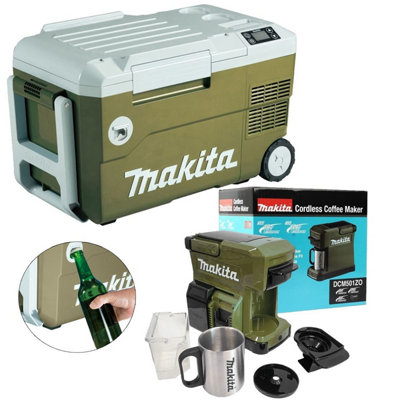 Makita Olive 18v20L Cooler/Warmer Cool Box Wheeled + Plug + Coffee Maker Machine