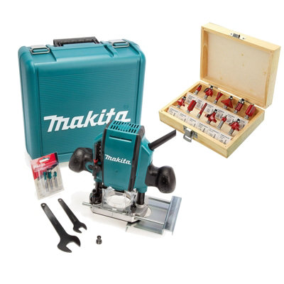 Makita RP0900X 240V 1/4" and 3/8" Plunge Corded Router + 15 Piece Set + Case