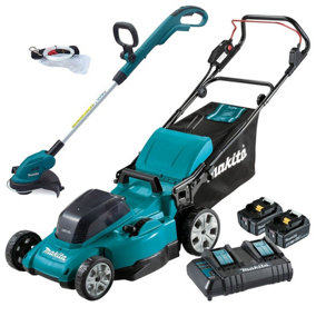 Makita Twin 18v/36v LXT Lawn Mower Brushless 2x5ah + Makita DUR181Z Strimmer