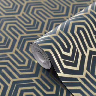 Malah Geometric Blue Wallpaper Art Deco Metallic Gold Paste The Wall Vinyl
