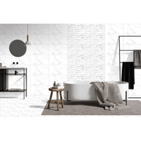 Malibu White Carrara Effect Glossy 100mm x 100mm Rectified Ceramic Wall Tile SAMPLE