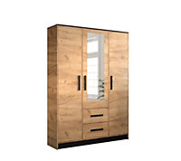 Malta 2 Contemporary Mirrored 3 Door Wardrobe 2 Drawers  8 Shelves 1 Rail Golden Oak Effect (H)2020mm (W)1530mm (D)400mm