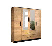 Malta 2 Contemporary Mirrored 4 Door Wardrobe 2 Drawers  8 Shelves 1 Rail Golden Oak Effect (H)2020mm (W)2010mm (D)400mm