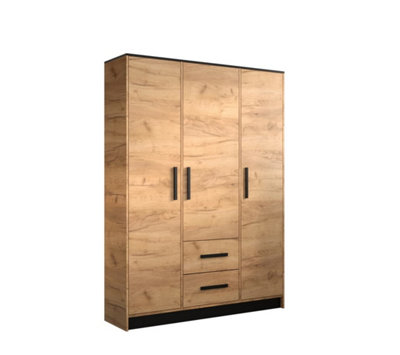 Malta 3 Contemporary 3 Door Wardrobe 2 Drawers  8 Shelves 1 Rail Golden Oak Effect (H)2020mm (W)1530mm (D)400mm