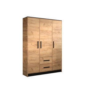 Malta 3 Contemporary 3 Door Wardrobe 2 Drawers  8 Shelves 1 Rail Golden Oak Effect (H)2020mm (W)1530mm (D)400mm