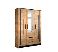 Malta 4 Contemporary Mirrored 3 Door Wardrobe 2 Drawers  8 Shelves 1 Rail Golden Oak Effect (H)2020mm (W)1530mm (D)400mm