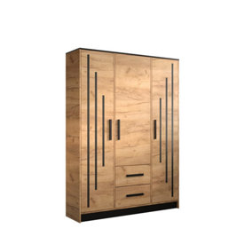 Malta 5 Contemporary 3 Door Wardrobe 2 Drawers  8 Shelves 1 Rail Golden Oak Effect (H)2020mm (W)1530mm (D)400mm