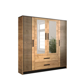 Malta 6 Contemporary Mirrored 4 Door Wardrobe 2 Drawers  8 Shelves 1 Rail Golden Oak Effect (H)2020mm (W)2010mm (D)400mm