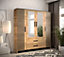 Malta 6 Contemporary Mirrored 4 Door Wardrobe 2 Drawers  8 Shelves 1 Rail Golden Oak Effect (H)2020mm (W)2010mm (D)400mm