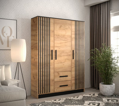 Malta 7 Contemporary 3 Door Wardrobe 2 Drawers  8 Shelves 1 Rail Golden Oak Effect (H)2020mm (W)1530mm (D)400mm