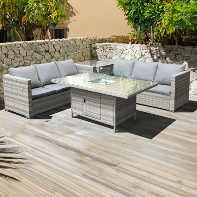 Malta Rattan 6 Seat Firepit Corner Set in Dove Grey