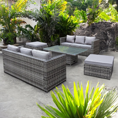 Malta Rattan 8 Seat Rising Table Set with Oversize Ottomans in Grey
