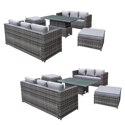 Malta Rattan 8 Seat Rising Table Set with Oversize Ottomans in Grey