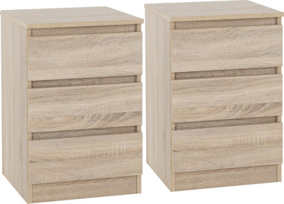 Malvern Pair of Bedsides 3 Drawer Oak Finish Recessed Handles Metal Runners