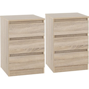 Malvern Pair of Bedsides 3 Drawer Oak Finish Recessed Handles Metal Runners