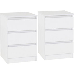 Malvern Pair of Bedsides 3 Drawer White Finish Recessed Handles Metal Runners
