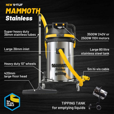 MAMMOTH STAINLESS 110Volt 2500W MOTOR POWER, 80 Litre Wet & Dry vacuum cleaner