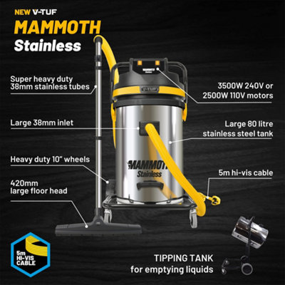 MAMMOTH STAINLESS 240Volt 3500W MOTOR POWER, 80 Litre Wet & Dry vacuum cleaner