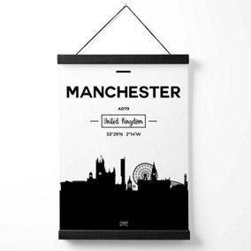 Manchester Black and White City Skyline Medium Poster with Black Hanger