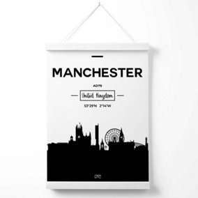 Manchester Black and White City Skyline Poster with Hanger / 33cm / White