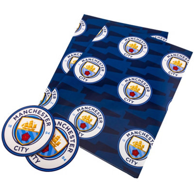 Manchester City FC Crest Gift Wrap Sheets (Pack of 2) Sky Blue/Gold/Red (One Size)