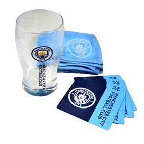 Manchester City FC Official Wordmark Mini Football Bar Set (Pint Gl, Towel & Mats) Navy/Blue (One Size)