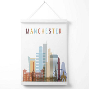 Manchester Colourful City Skyline Poster with Hanger / 33cm / White
