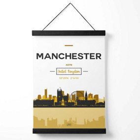 Manchester Yellow and Black City Skyline Medium Poster with Black Hanger