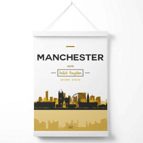 Manchester Yellow and Black City Skyline Poster with Hanger / 33cm / White