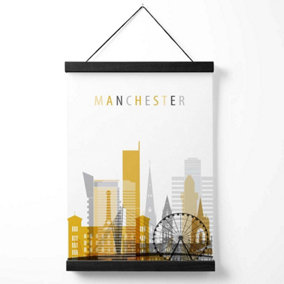 Manchester Yellow and Grey City Skyline Medium Poster with Black Hanger