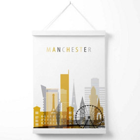 Manchester Yellow and Grey City Skyline Poster with Hanger / 33cm / White