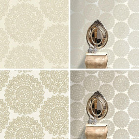 Mandala Cream Taupe Wallpaper Holden Decor Textured Metallic Damask Embossed