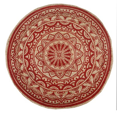 MANDALA Pattern Round Red Rug Jute with Block Print / 150 cm Diameter