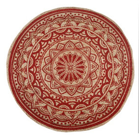 MANDALA Pattern Round Red Rug Jute with Block Print / 150 cm Diameter