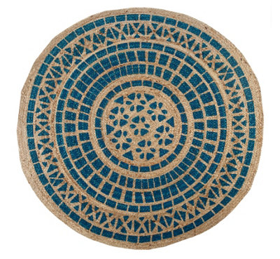 MANDALA Pattern Round Turquoise Rug Jute with Block Print / 150 cm Diameter