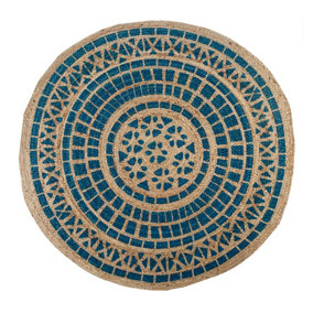 MANDALA Pattern Round Turquoise Rug Jute with Block Print / 150 cm Diameter