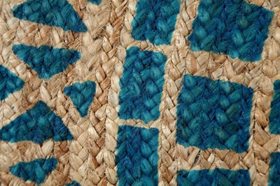 MANDALA Pattern Round Turquoise Rug Jute with Block Print / 150 cm Diameter