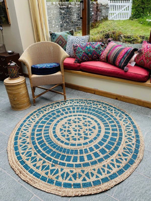 MANDALA Pattern Round Turquoise Rug with Block Print - Jute - L150 x W150