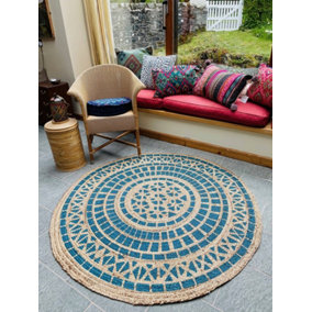 MANDALA Pattern Round Turquoise Rug with Block Print - Jute - L150 x W150