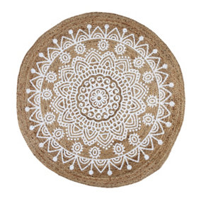 MANDALA Pattern Round White Rug Jute with Block Print / 150 cm Diameter